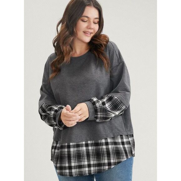 Bloomchic Sweatshirt 14 16 Women's Gray Plaid Patchwork Round Neck Arc Hem - Picture 1 of 6